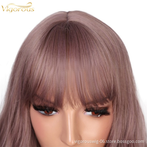 Purple Color Long Wavy Middle Part Hair Heat Resistant Cheap Wig With Bangs Synthetic Fiber Hair Wigs For Women
